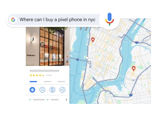 A voice search for “Where can I buy a Pixel phone in NYC” shows a result of a Google store in NYC.